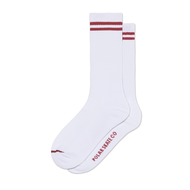 Rib Socks | Long | 2 Stripes - White/Cherry